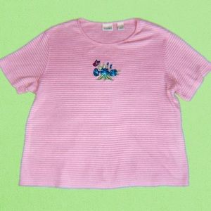 Women’s “Classic Elements” Pink Striped Flower Embroidered Shirt (Size L)